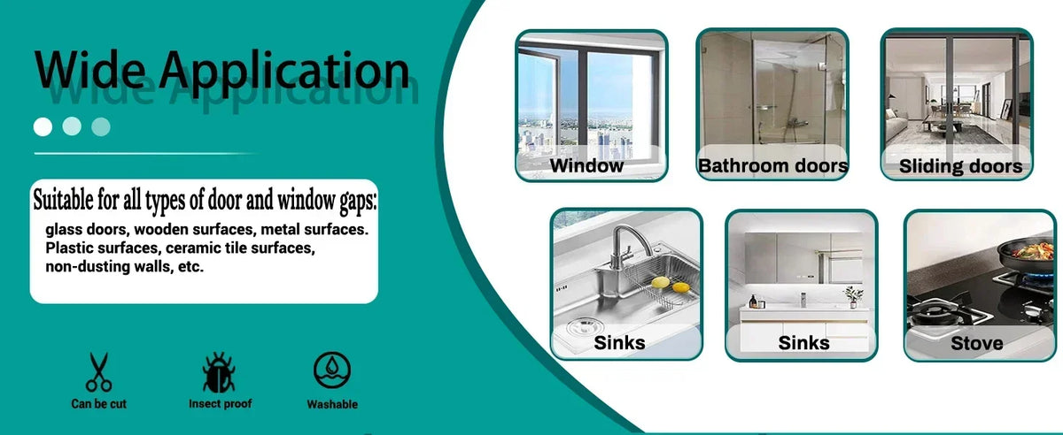Various applications of silicone weather stripping seal tape for doors and windows, including glass, wood, metal, plastic, an