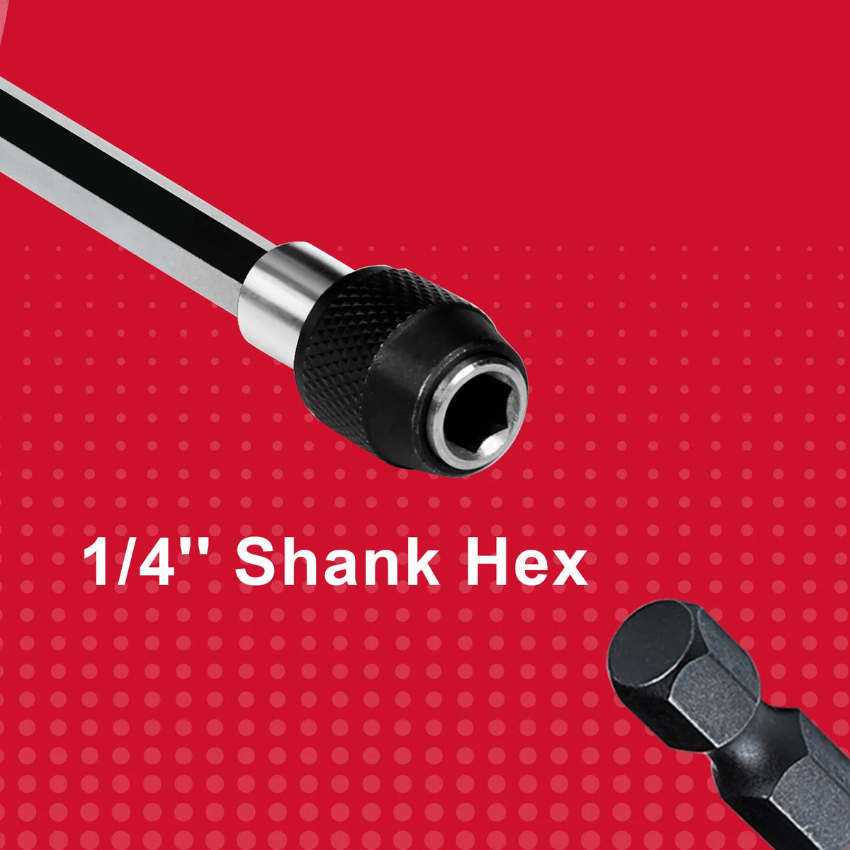 A 1/4 inch Shank Hex tool is shown against a red background, next to an impact bit.