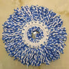 A circular blue and white microfiber spinning mop head with a white center ring.