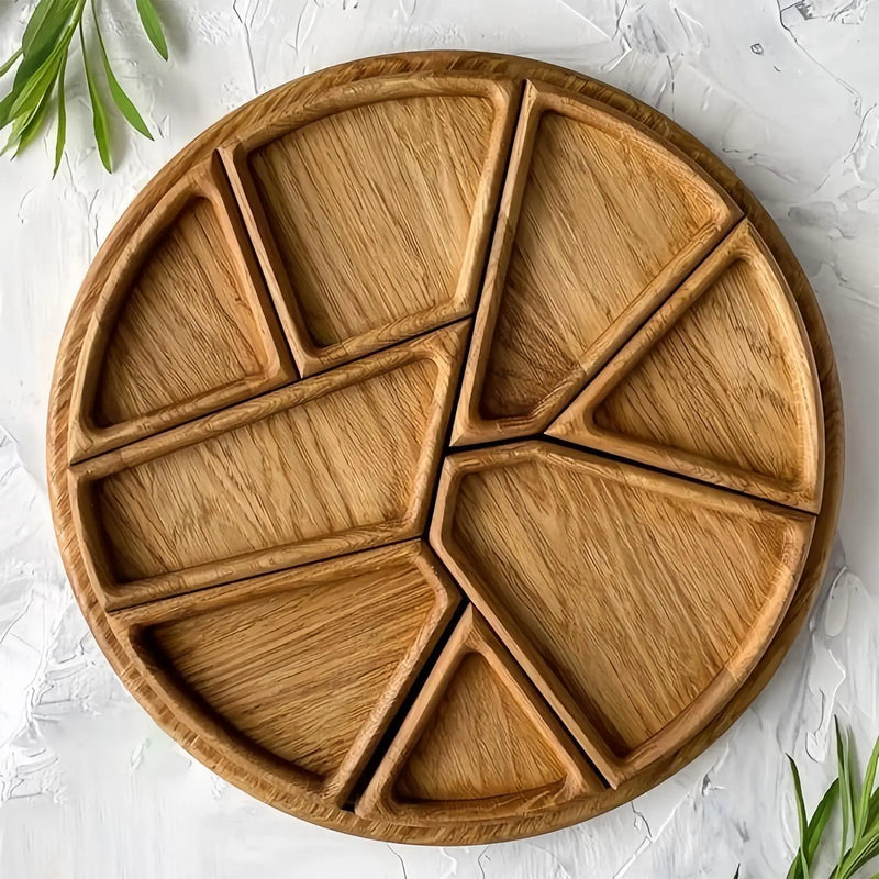 Round Wooden Serving Tray with 8 Removable Compartments