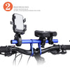 A black handlebar extender mount with a silver mirror and blue tube installed on a bicycle handlebar.