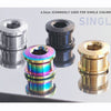 Six 5mm titanium alloy chainring bolts shown in various finishes and sizes for single chainring applications