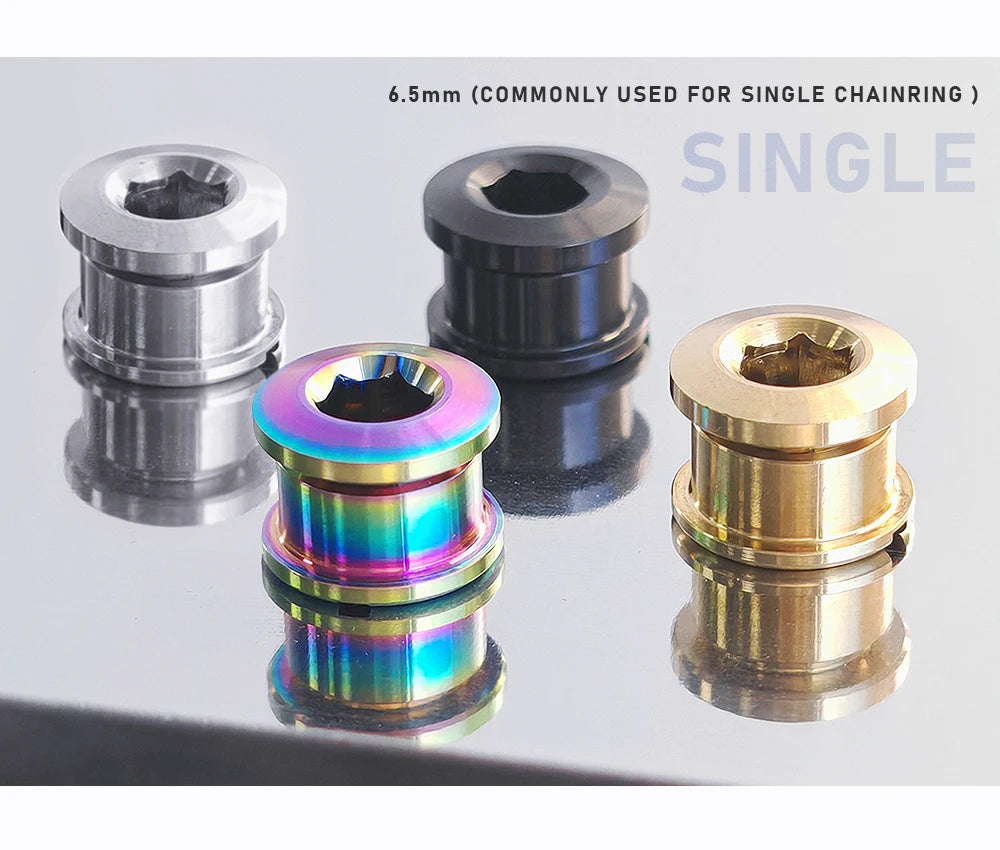Six 5mm titanium alloy chainring bolts shown in various finishes and sizes for single chainring applications