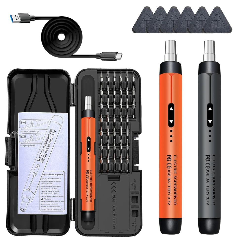 A set of precision rechargeable electric screwdrivers and accessories for electronics repair
