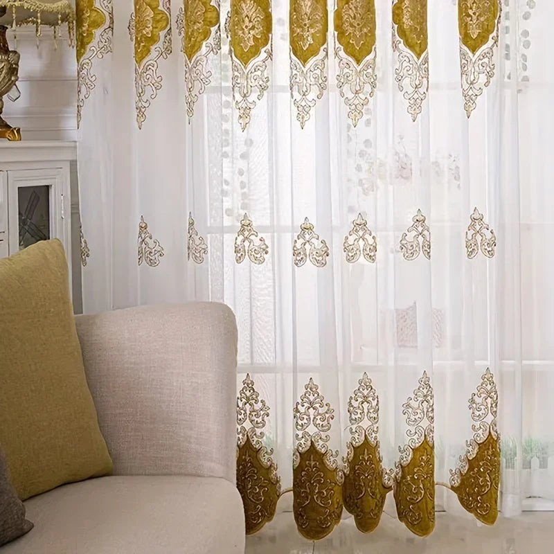 Embroidered Gauze Curtain with Floral Design