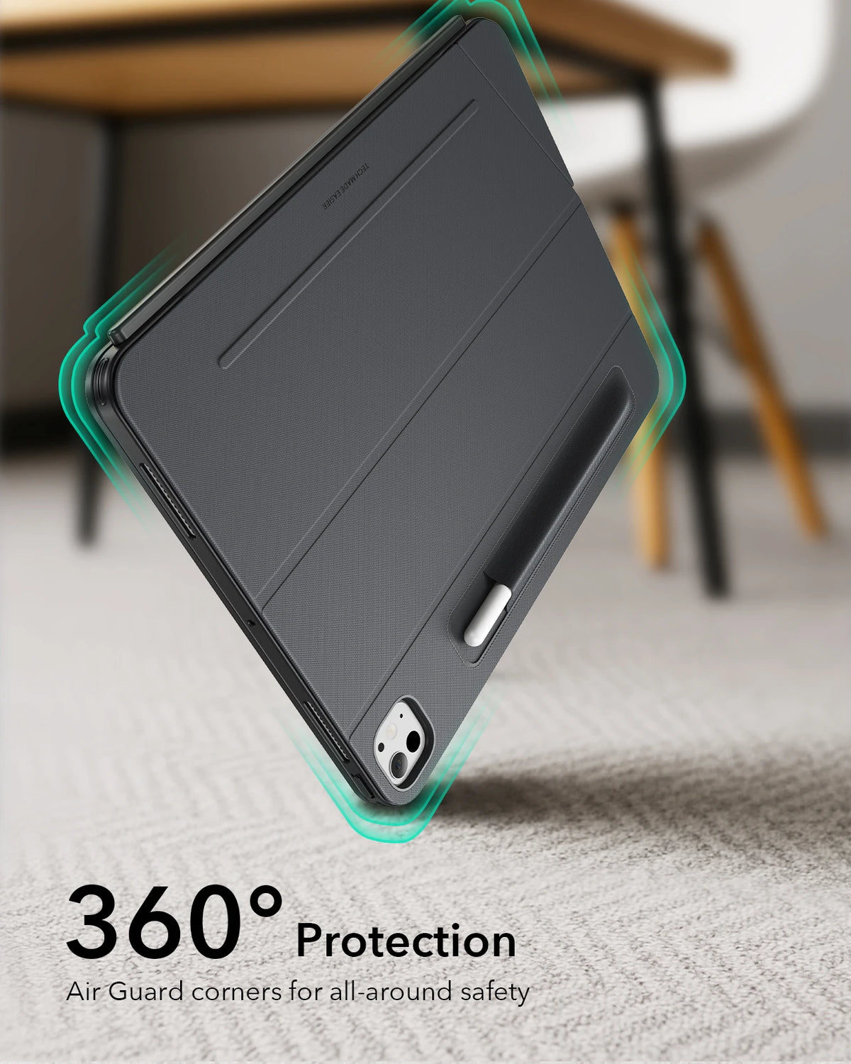 Estuche de teclado magnético gris oscuro para iPad Pro o Air, mostrando protección anti-aire de 360 grados.