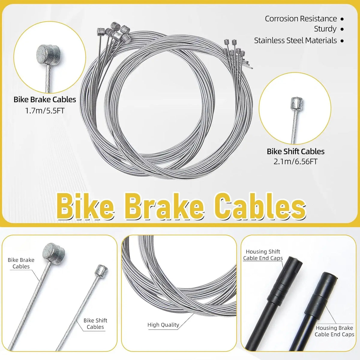 A set of bicycle brake and shift cables including brake cables, shift cables, and housing end caps.