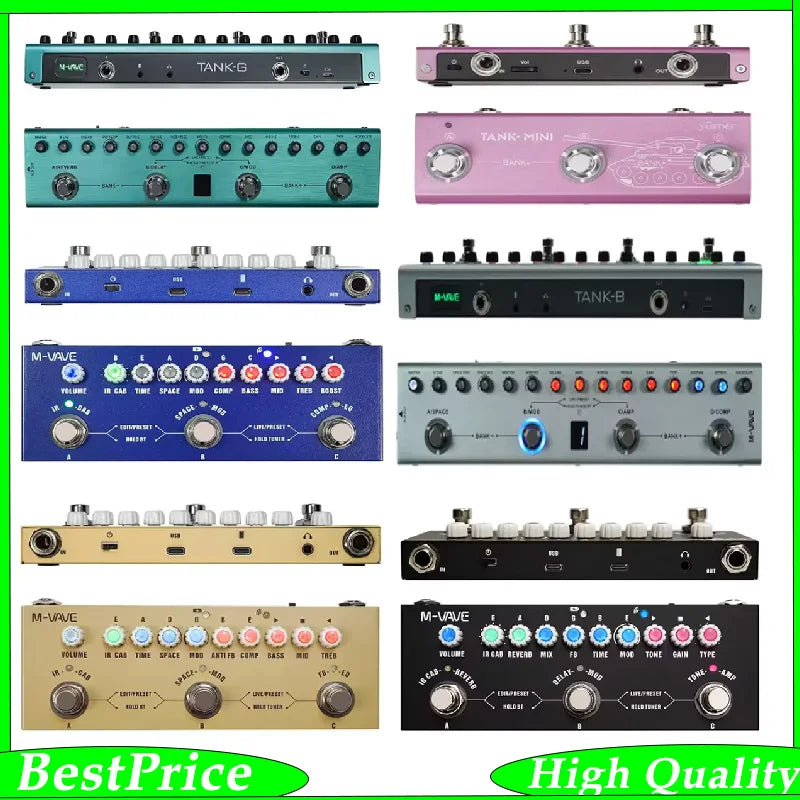 A collection of various multi-effects guitar pedals including Tank-G, Tank-Mini, Tank-B, and M-Wave series pedals.