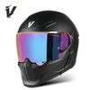 Black full-face motorcycle helmet with a reflective, iridescent visor and ventilation slots.