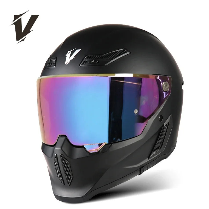 Black full-face motorcycle helmet with a reflective, iridescent visor and ventilation slots.