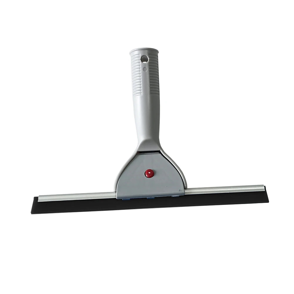 A silver multi-purpose glass cleaning squeegee with a silicone blade and handle.