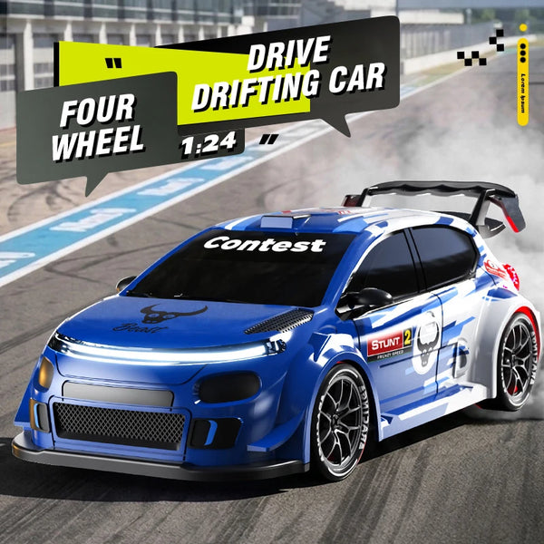 Bladesblaues Hochleistungs-Drift-RC-Auto in dynamischer Aufnahme auf einer Rennstrecke.