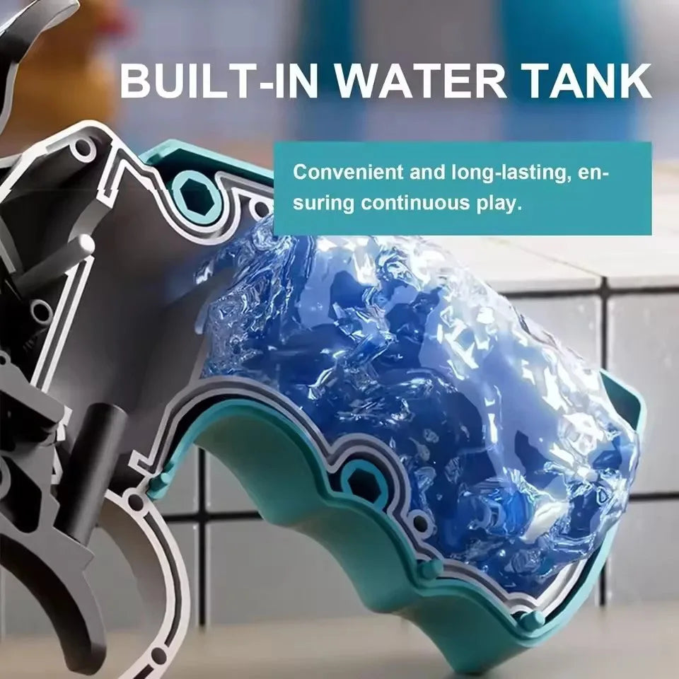 A close-up of a blue water tank built into a black mechanical revolver water gun for outdoor play.