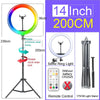 Adjustable ring light with tripod and phone holder for streaming and video calls featuring a 14 inch 200cm light stand