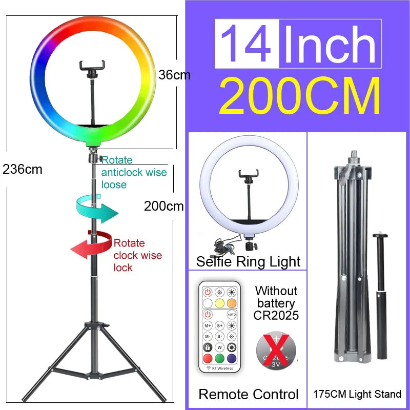 Adjustable ring light with tripod and phone holder for streaming and video calls featuring a 14 inch 200cm light stand