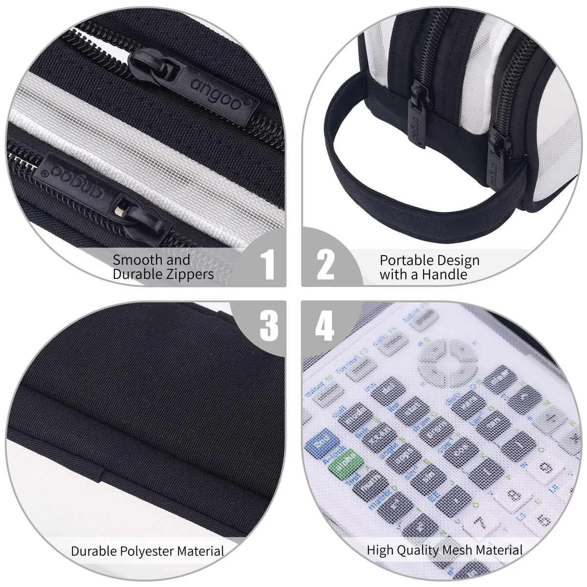 A clear mesh pencil case shown in four views highlighting its smooth zippers, portable design with a handle, durable polyeste