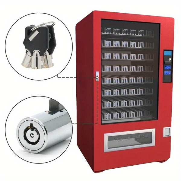 A red vending machine lock set featuring a key and a cylindrical lock, shown with close-up views.