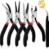 A set of black and silver jewelry making tools including pliers, tweezers, and a ring sizer.