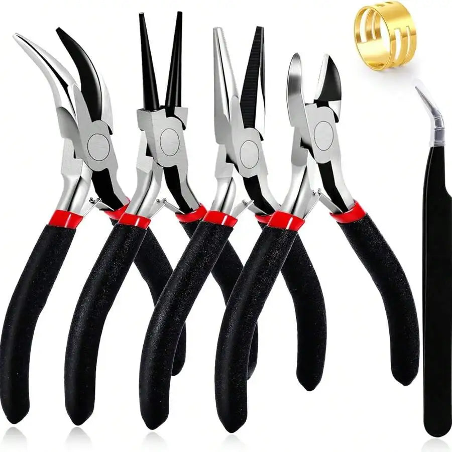 A set of black and silver jewelry making tools including pliers, tweezers, and a ring sizer.