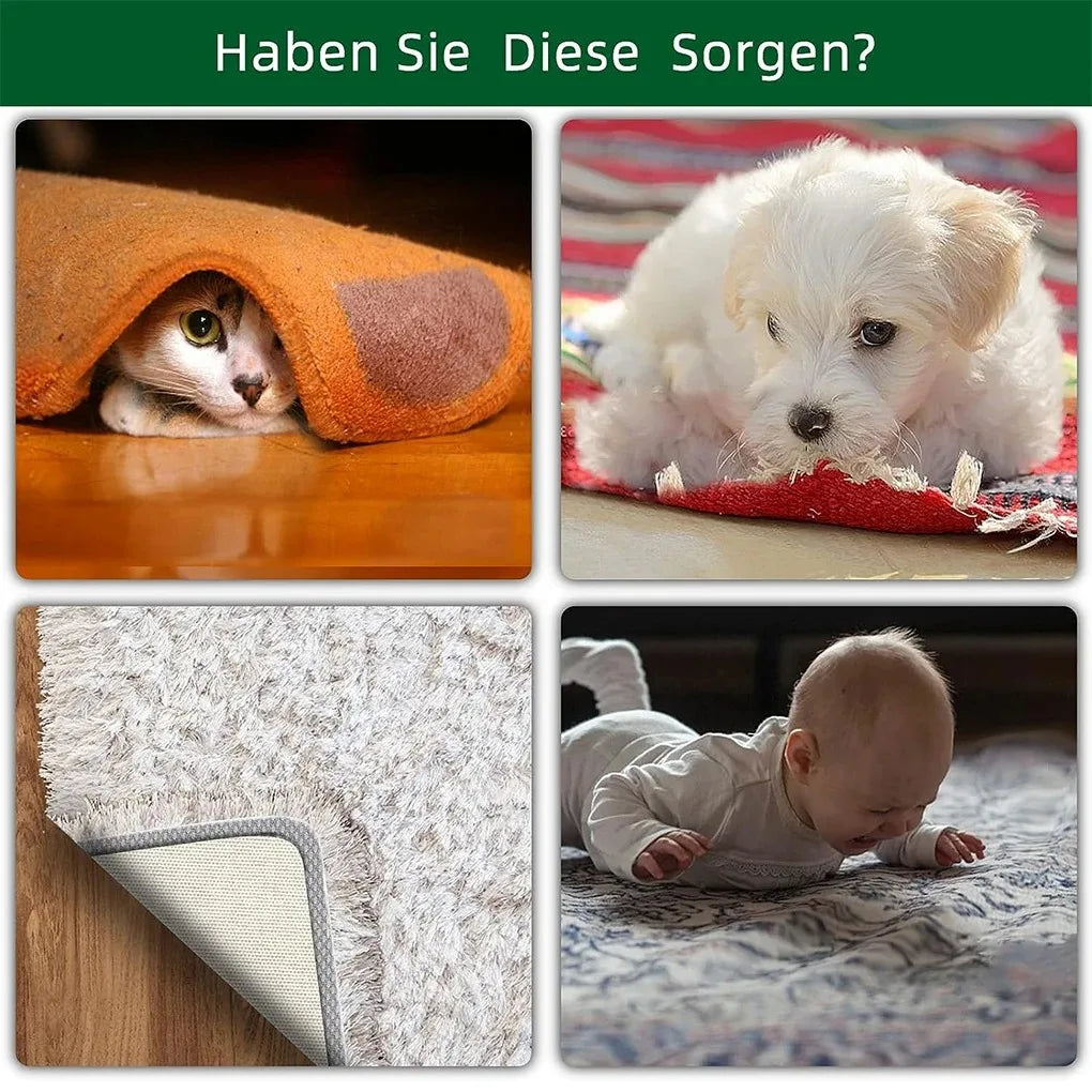 A collage showing a cat, a puppy, and a baby interacting with reusable non-slip rug grippers.