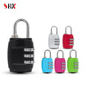 A set of five secure multi-dial combination locks in black, white, red, and green, featuring metal handles.