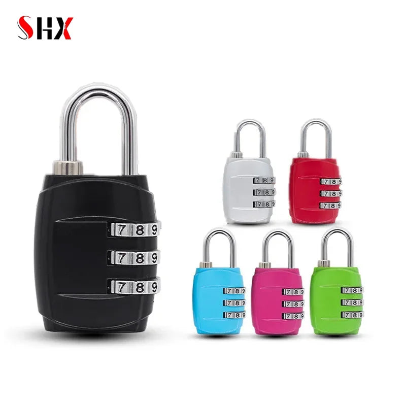 A set of five secure multi-dial combination locks in black, white, red, and green, featuring metal handles.