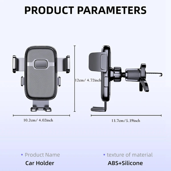 Schwarzer ABS+Silikon-Handyhalter mit Autolock-Griff, gezeigt aus Seiten- und Draufsicht.