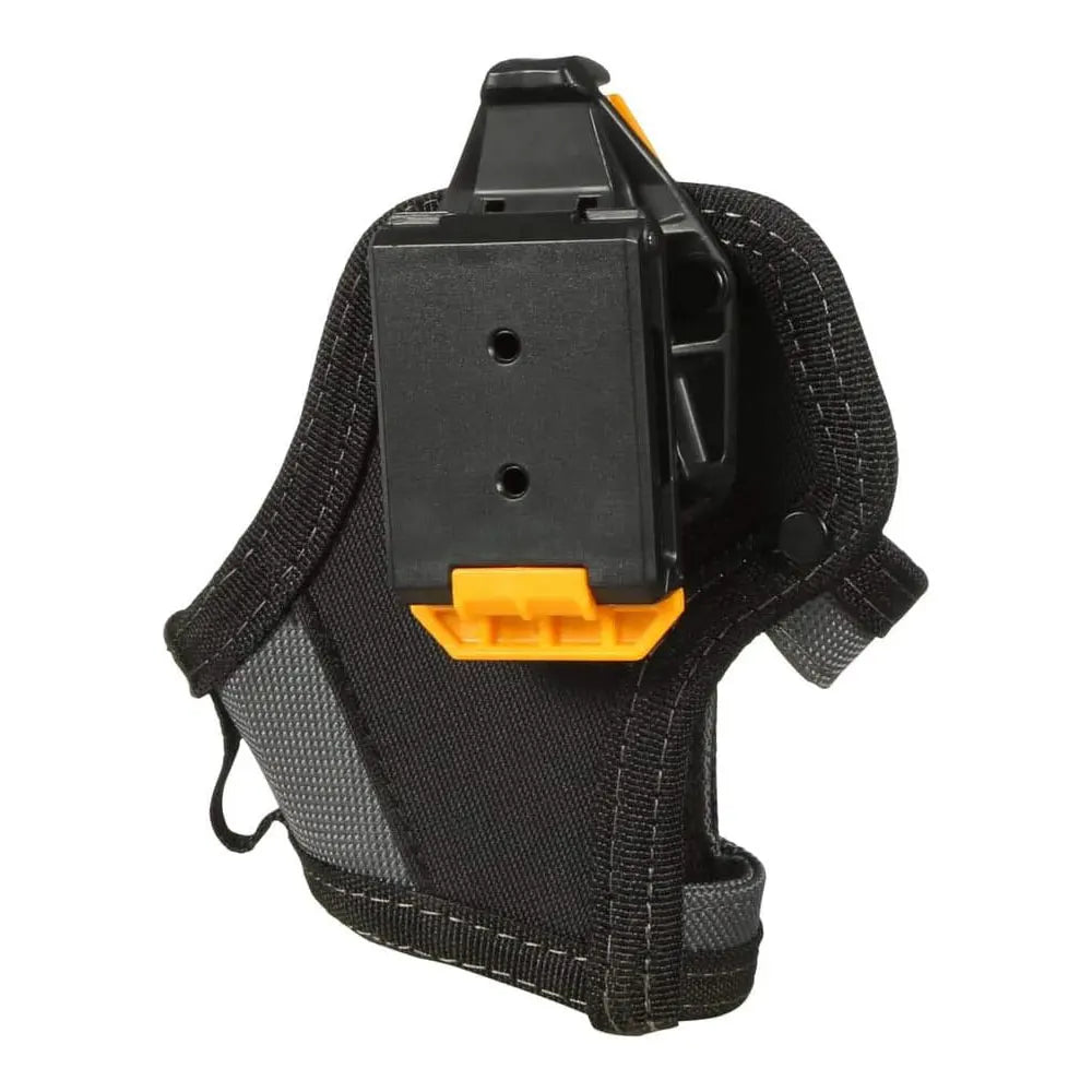 Black compact drill holster with an orange clip and bit pockets