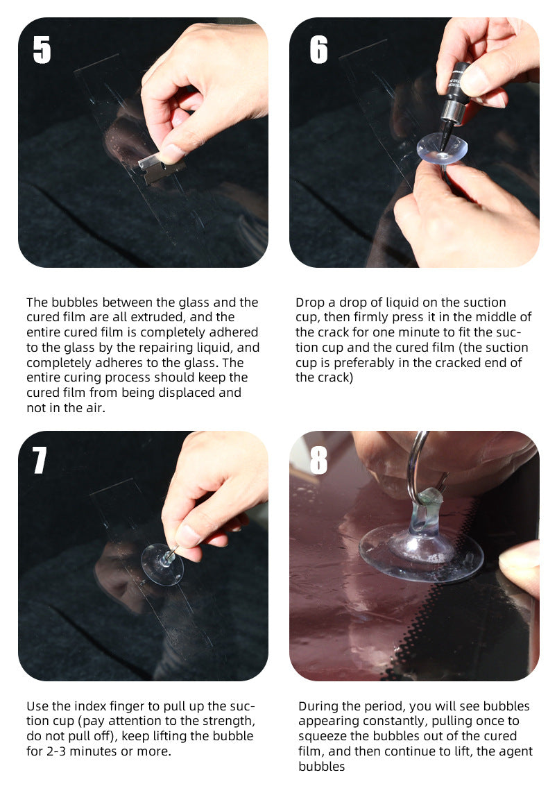 Step-by-step instructions for repairing a glass crack using a DIY kit with nano resin and suction cups.