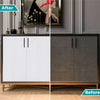 Before and after comparison of a cabinet door finish using self-adhesive wood grain wallpaper film.
