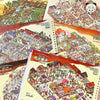 A collection of layered, colorful maps and illustrations depicting various market scenes and buildings for a 3D interior desi