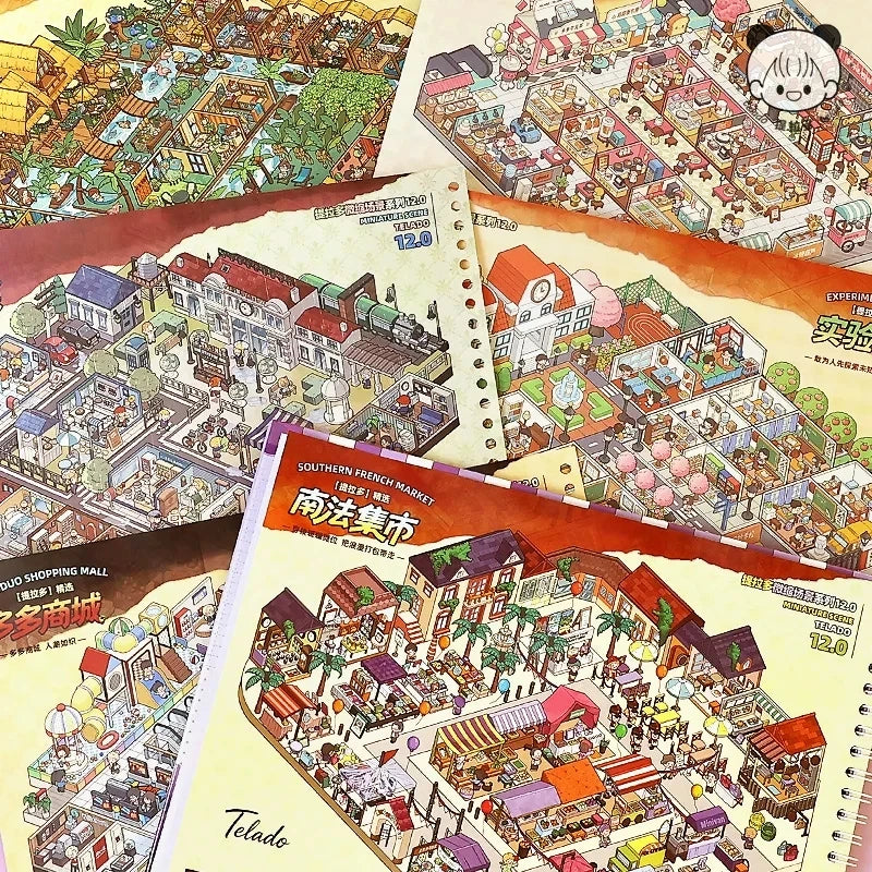 A collection of layered, colorful maps and illustrations depicting various market scenes and buildings for a 3D interior desi