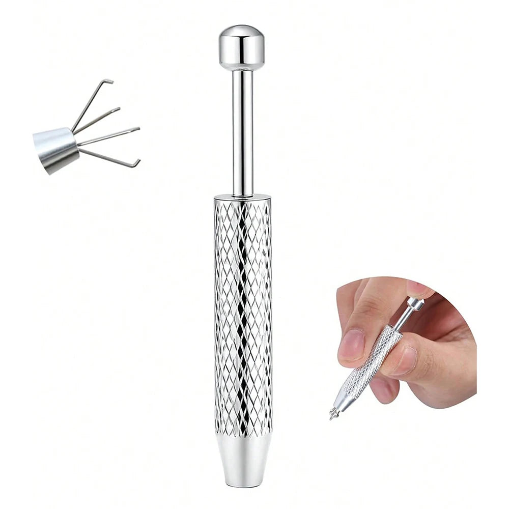 Stainless steel piercing ball grabber tool kit with a long needle and a small gripping tool.