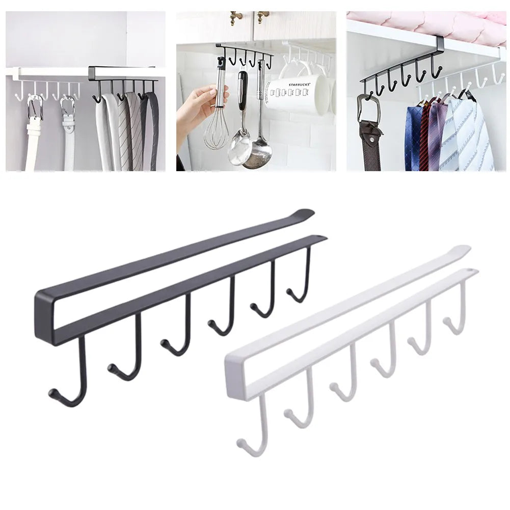 6-Hook Under Cabinet Storage Rack for Kitchen and Closet Organization