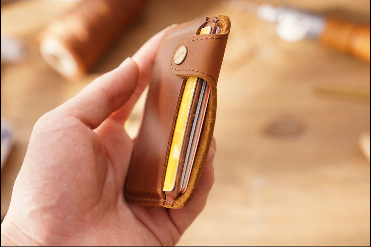 Vintage Leather Slim Card Holder with Snap Closure