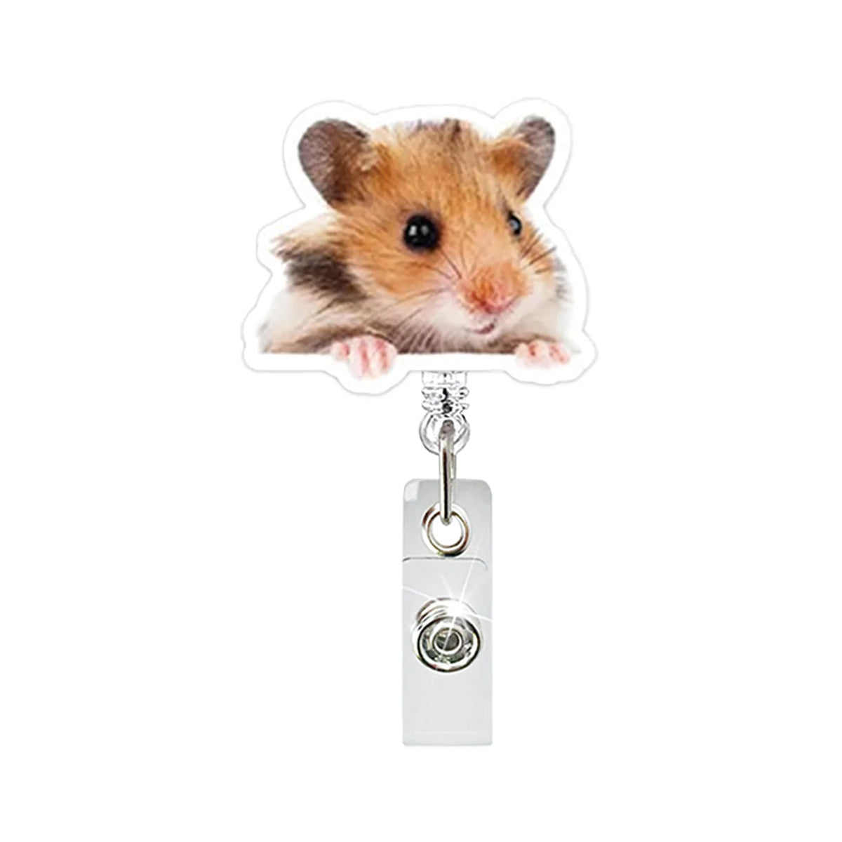 A cute brown and white hamster is attached to a retractable badge reel with an alligator clip.