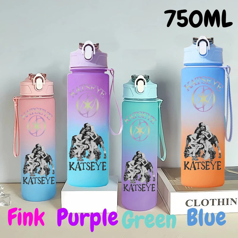 A set of three 750ml portable sports water bottles in pink, purple, and blue colors.
