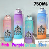 A set of three 750ml portable sports water bottles in pink, purple, and blue colors displayed on a white surface.