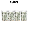 Four clear acrylic piggy banks filled with US dollar bills and coins.