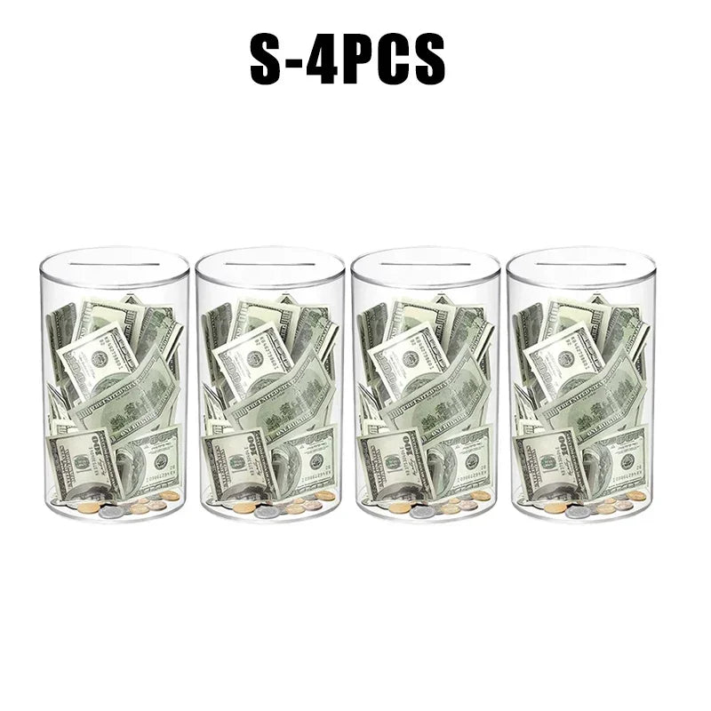 Four clear acrylic piggy banks filled with US dollar bills and coins.