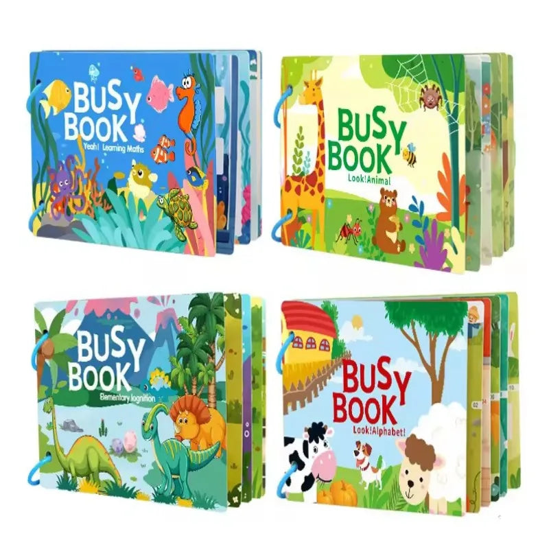 A set of colorful busy books featuring animals, vehicles, and dinosaurs for toddlers.