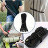 A collection of heavy-duty black elastic tie-down straps and hooks used for securing items.