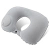 A gray self-inflating travel neck pillow with a soft flocking cover shown from the side.
