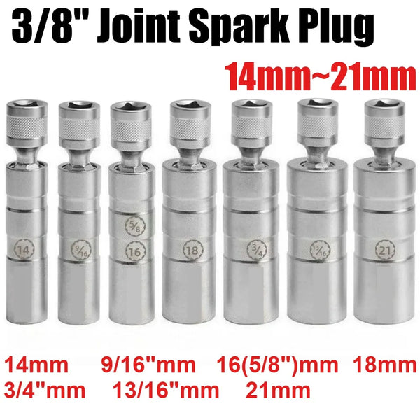 Set of 3/8 inch joint spark plug sockets with various sizes ranging from 14mm to 21mm