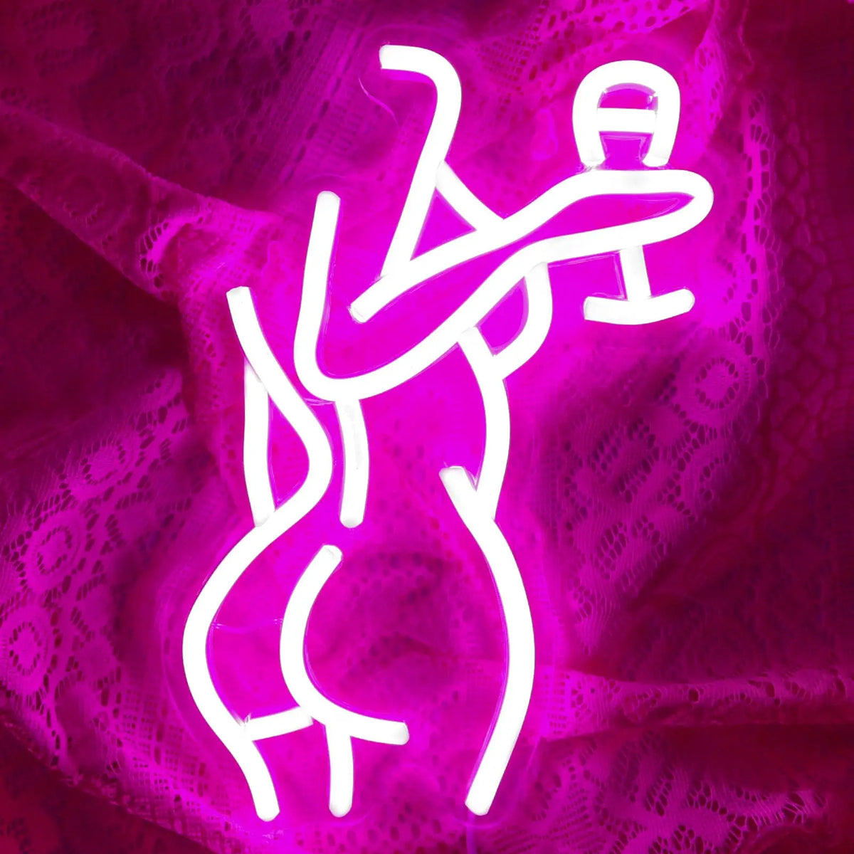 A bright pink neon silhouette of a female figure is displayed against a textured purple background.