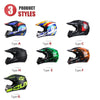 A display of nine different styles of DOT-certified full-face off-road helmets categorized as Types A through G.