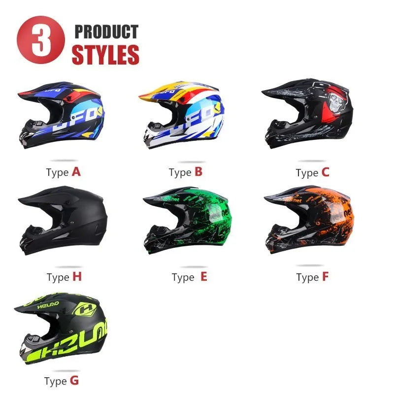 A display of nine different styles of DOT-certified full-face off-road helmets categorized as Types A through G.