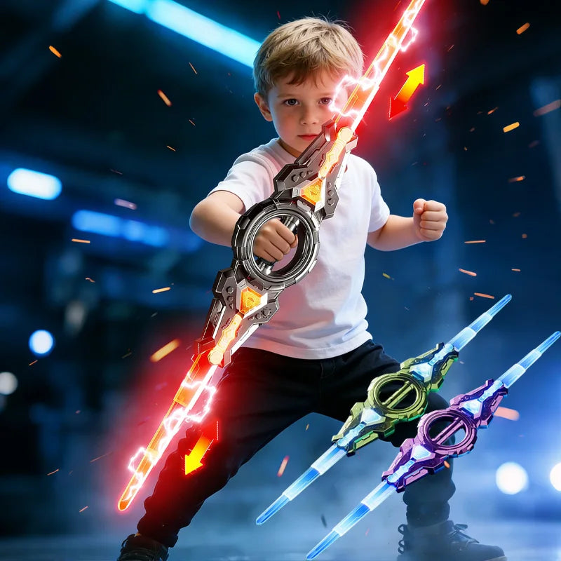 A young boy is holding a glowing red LED sword with rotating blades in a dynamic pose.