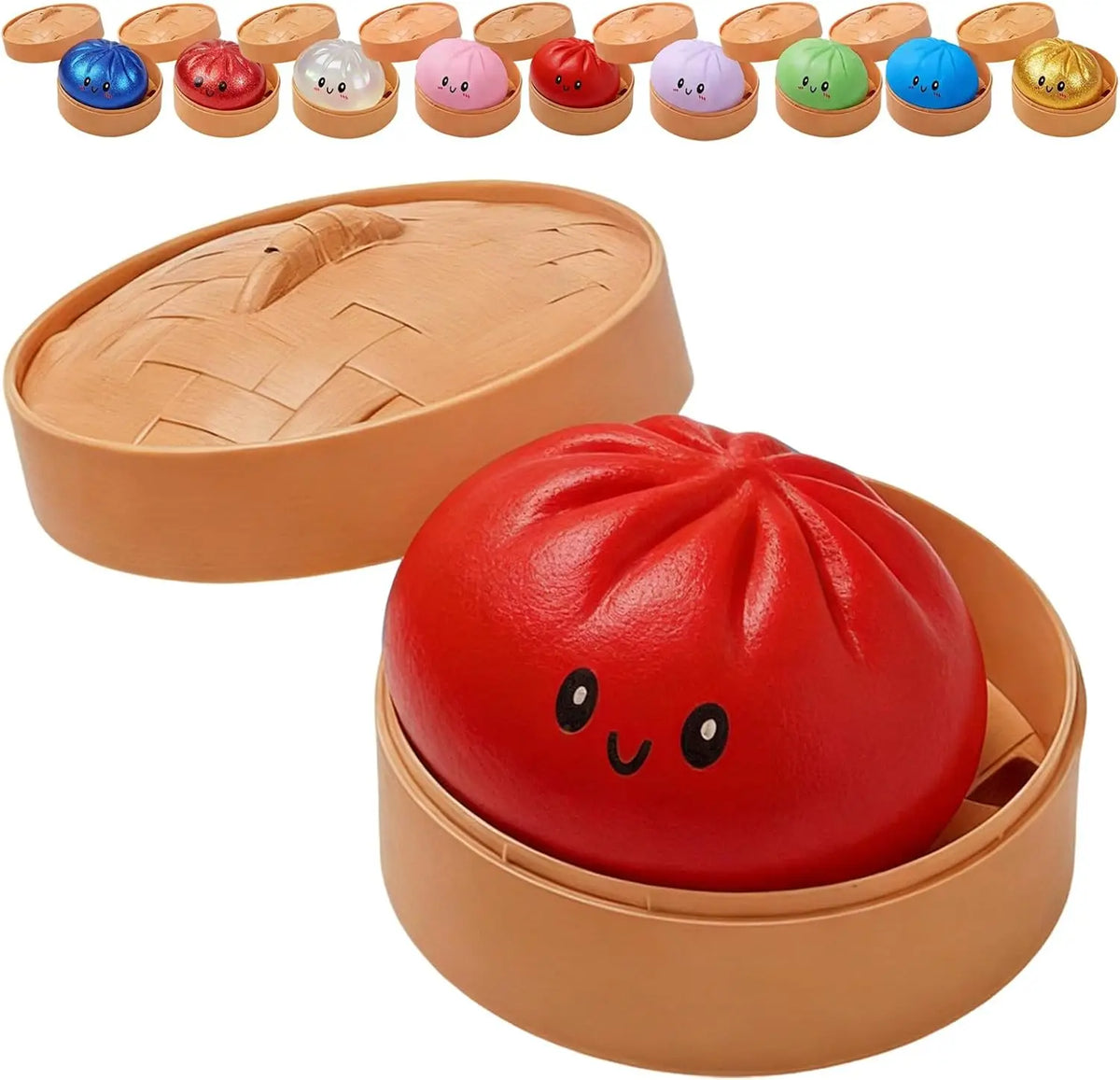 A set of colorful glitter dumpling squishy toys in various colors and a large red one inside a wooden container.