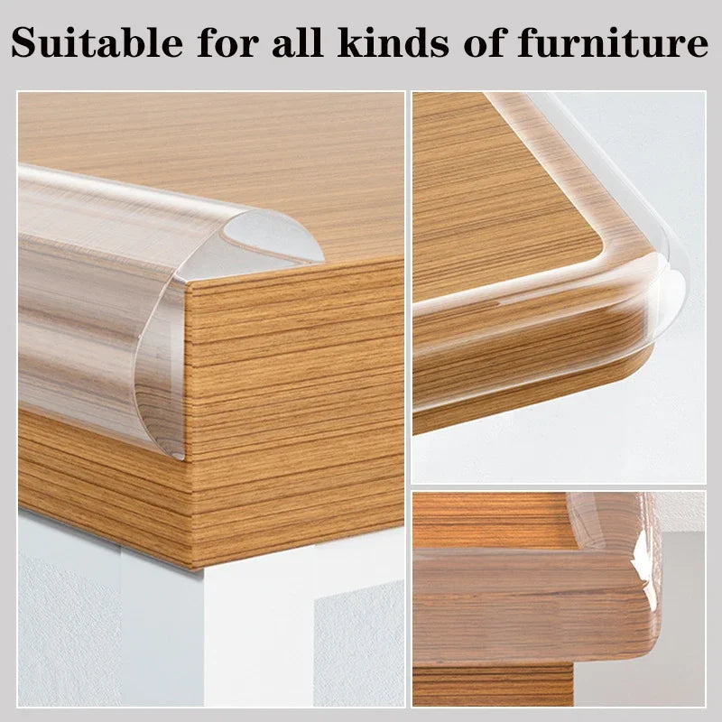 Transparent silicone corner guards made of wood grain material shown in various angles for furniture safety